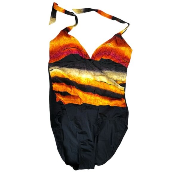Fantasizer NEW Faux Wrap Halter 1 Piece Swimsuit Gradient Sunset Support Cups 16 - Picture 1 of 16